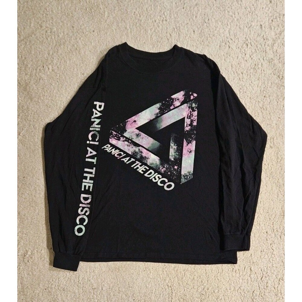 Panic! At The Disco Mens Large Black Long Sleeve Graphic Shirt Triangle Galaxy